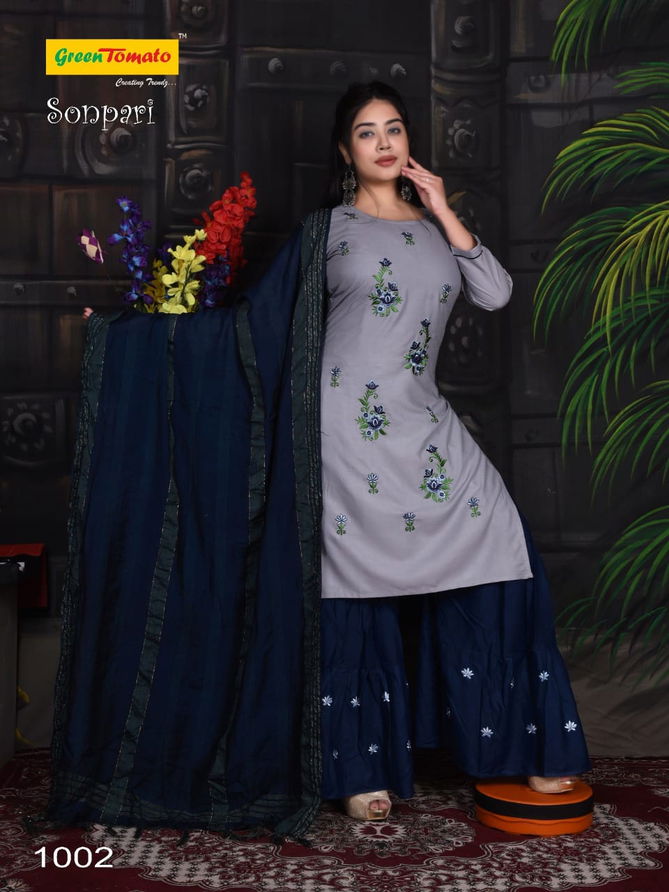 Green Tomato Sonpari Rayon Designer Fancy Ethnic Wear Kurti Sharara And Dupatta Collection